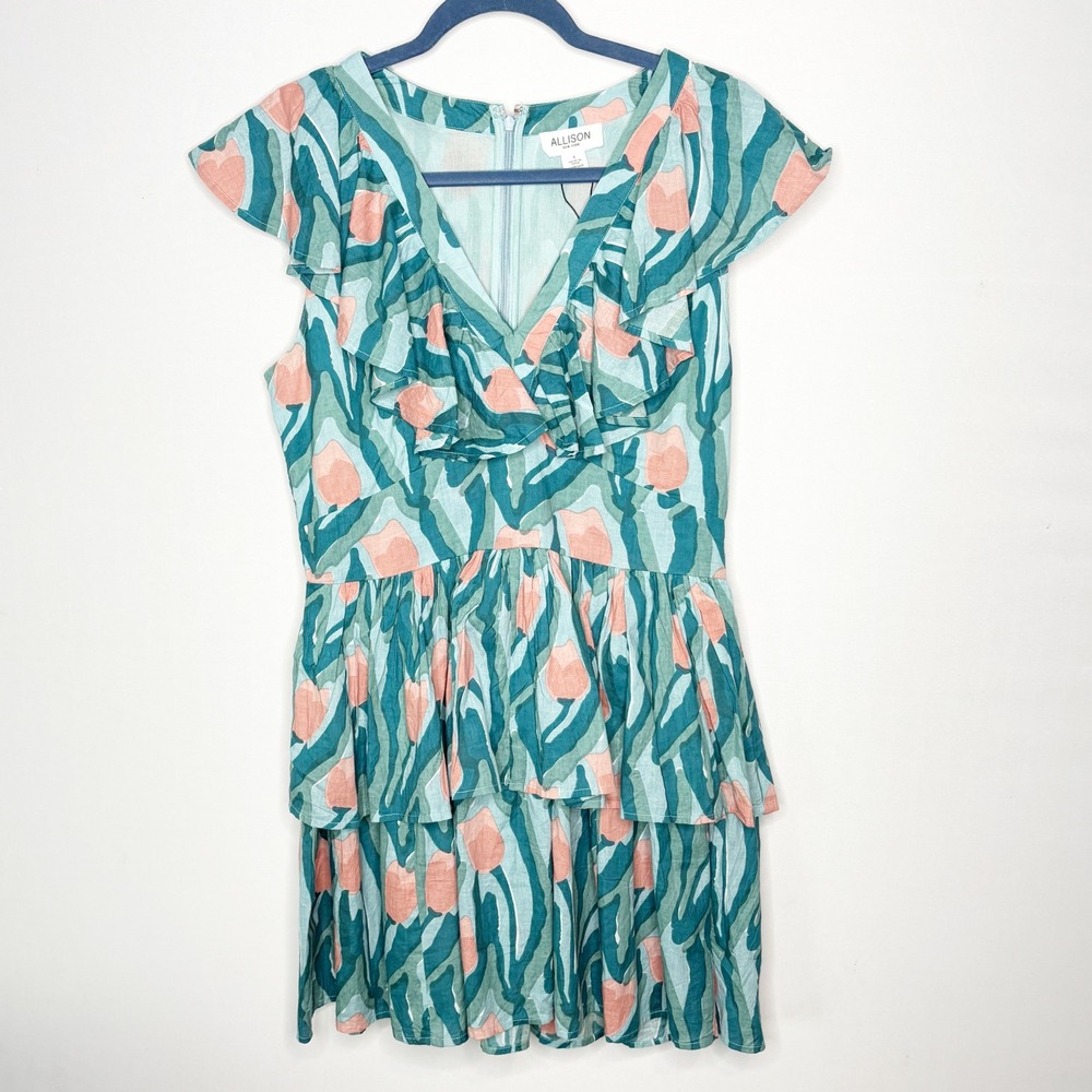 Allison New York Women Green Pink Floral Ruffle Tiered Cotton Mini‎ Dress Size 8